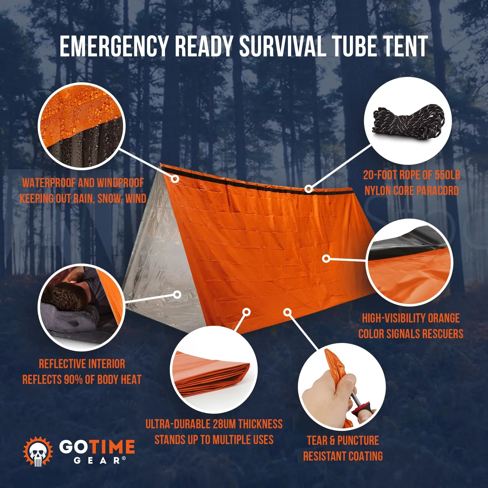 | Life Tent Emergency Survival Shelter - 2 Person Tube Tent | Waterproof, Windproof, Thermal | Includes Survival Whistle, Paracord Rope & Portable, Lightweight Nylon Stuff Sack | Orange