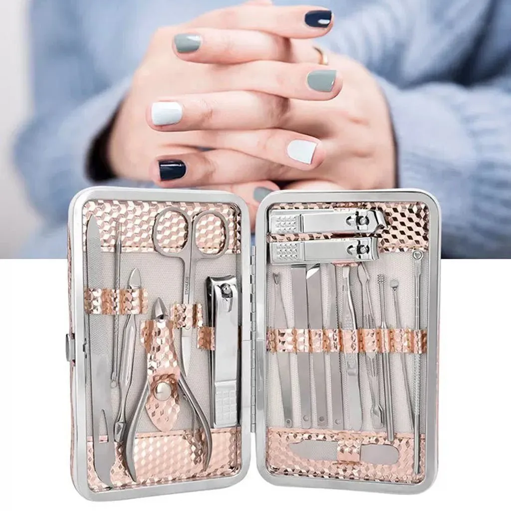 18PCS Manicure Set Tools Pedicure Kit Stainless Steel Nail Grooming Clippers White Gold