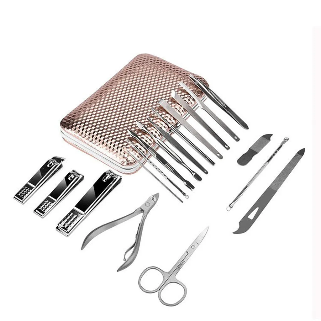 18PCS Manicure Set Tools Pedicure Kit Stainless Steel Nail Grooming Clippers White Gold