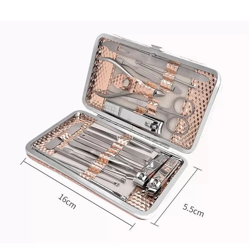 18PCS Manicure Set Tools Pedicure Kit Stainless Steel Nail Grooming Clippers White Gold