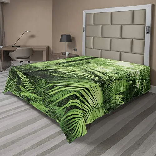 Ambesonne Rainforest Palm Trees and Exotic Plants in Tropical Jungle Wild Nature Theme Illustration Soft Comfortable Decorative Bed Sheet, 1 Piece, California King, Green