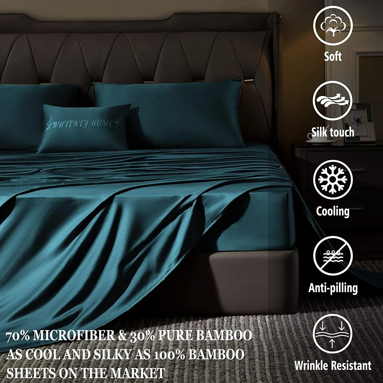 Bamboo Sheet Set Soft Silky Cooling Bed Sheet Set 4 Piece Lightweight Anti-Pilling Cool Wrinkle Free with 16 Extra Deep Pocket