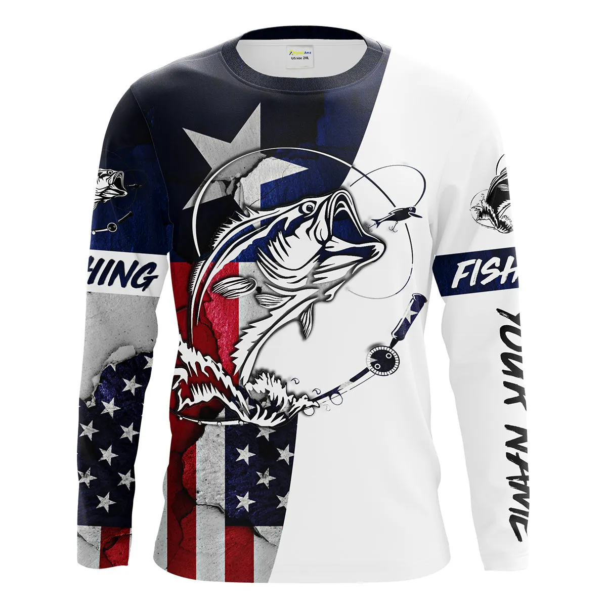 Bass Fishing Tx And USA Flag 3D Full Printing Shirts - Personalized Fishing Gift, Men's Performance Fishing Long Sleeve Shirts