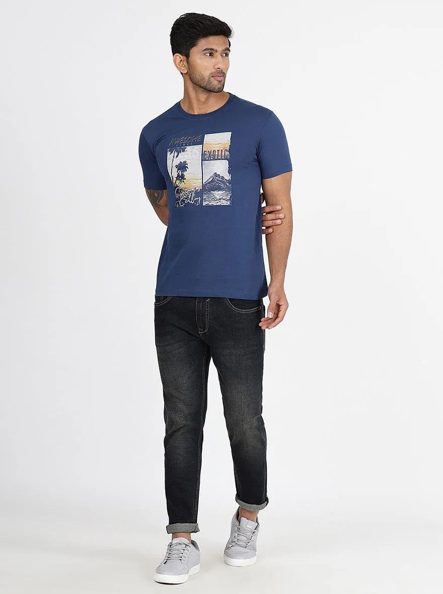 Blue Printed Slim Fit T-Shirt | Greenfibre