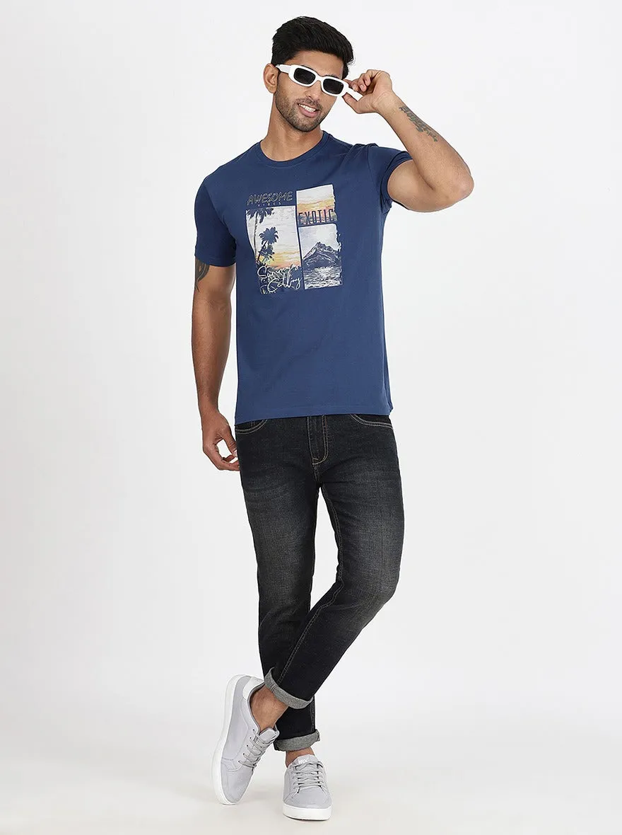 Blue Printed Slim Fit T-Shirt | Greenfibre