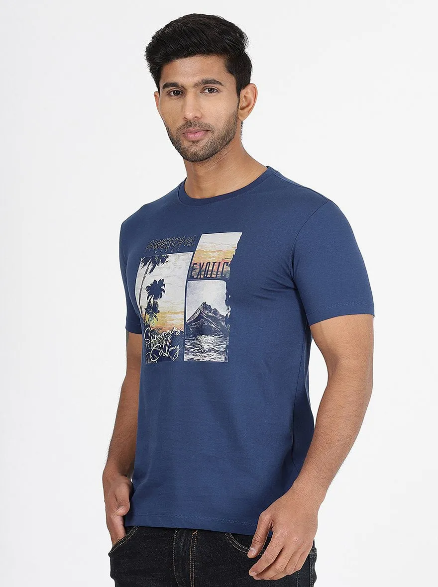 Blue Printed Slim Fit T-Shirt | Greenfibre