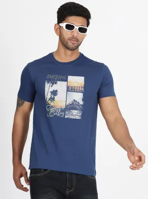 Blue Printed Slim Fit T-Shirt | Greenfibre