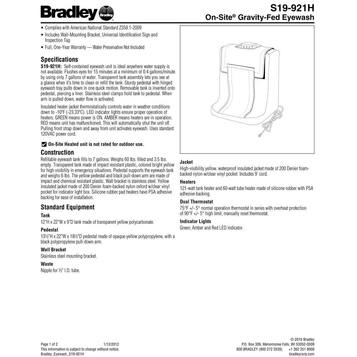 Bradley S19-921H Gravity Fed Portable Eyewash Station w/ Heater Jacket