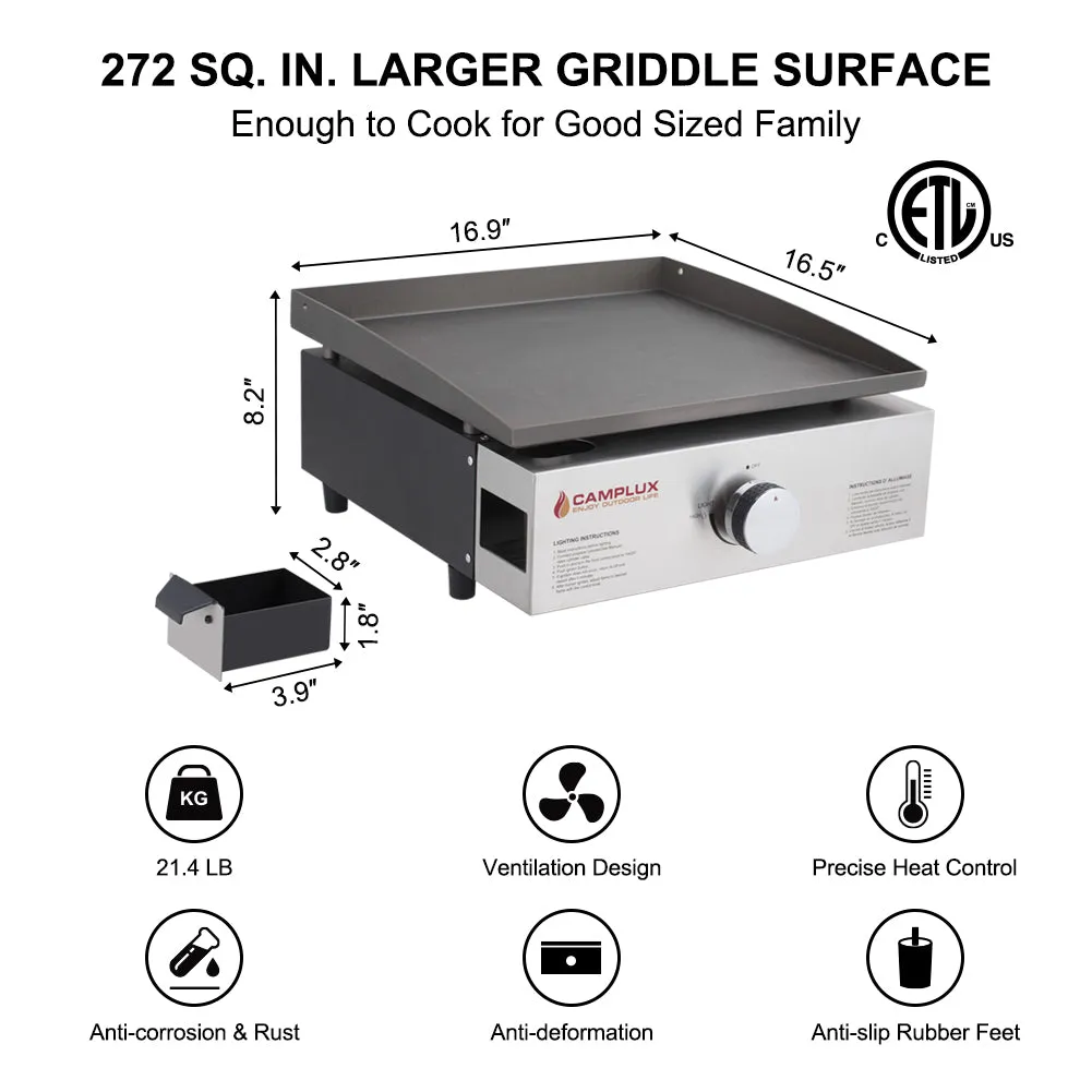 Camplux Outdoor Portable Propane Gas Griddle Grill - 13,000 BTU