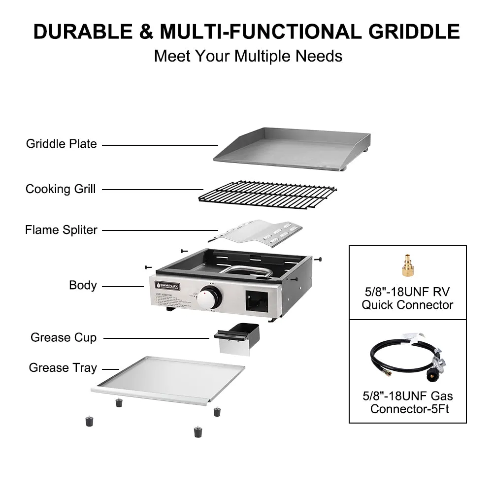 Camplux Portable Outdoor Propane Gas Griddle Grill - 15,000 BTU