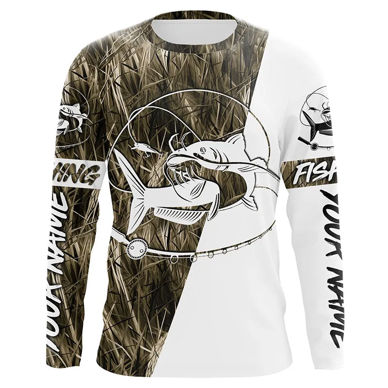 Catfish Fishing Grass Camo Custom 3D Long Sleeve Fishing Shirts, Catfish Tournament Fishing Jerseys