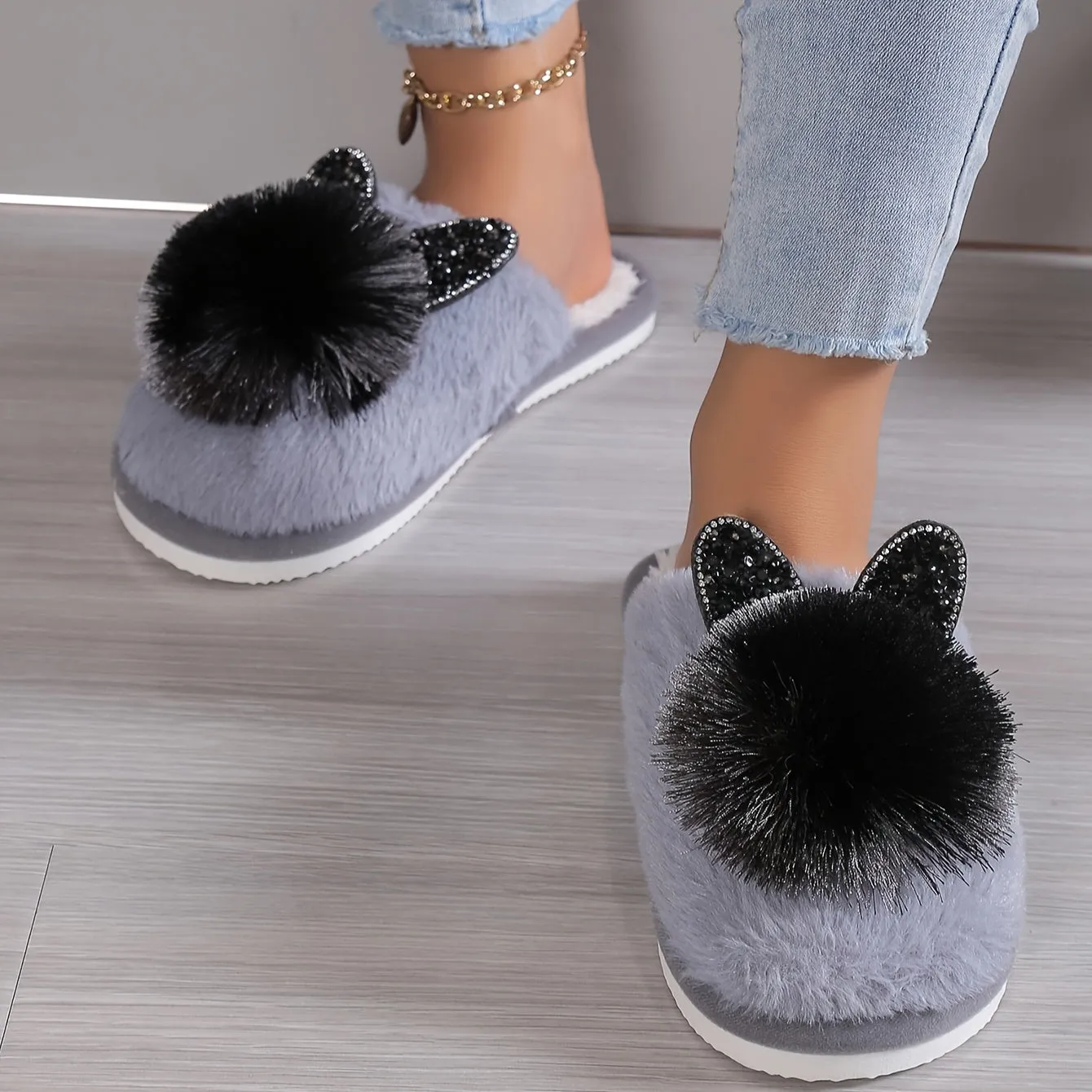 Cute Cat Hear Winter Plush Slippers, Cozy & Warm Pom-pom Closed Toe Shoes, Comfortable Flat Home Slippers