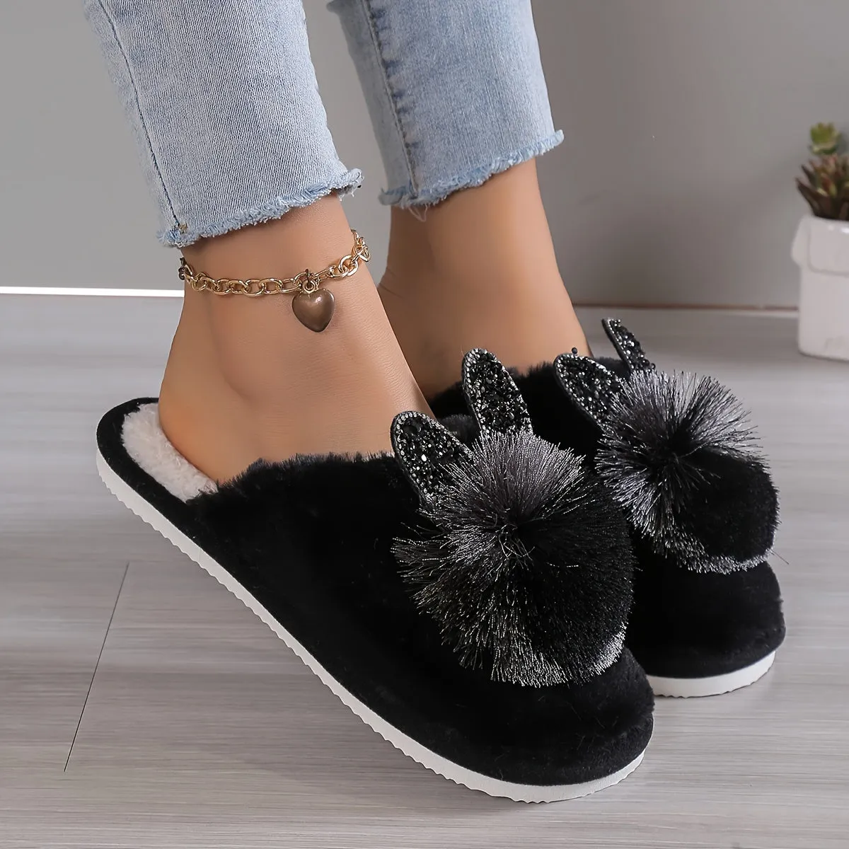 Cute Cat Hear Winter Plush Slippers, Cozy & Warm Pom-pom Closed Toe Shoes, Comfortable Flat Home Slippers