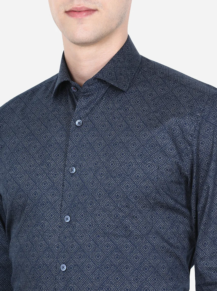 Dark Blue Printed Regular Fit Formal Shirt | JadeBlue