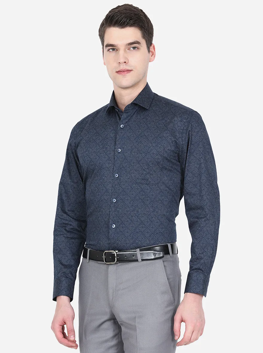 Dark Blue Printed Regular Fit Formal Shirt | JadeBlue