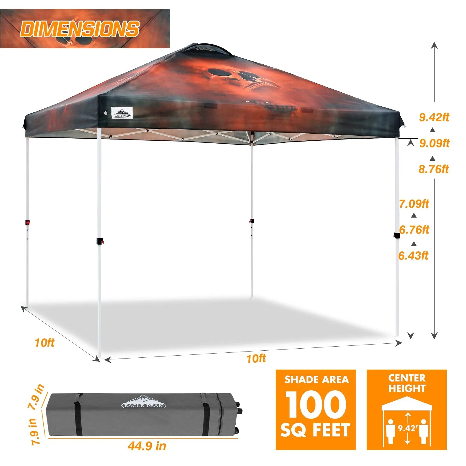 EAGLE PEAK 10x10 Pop Up Canopy, Instant Outdoor Canopy Tent, Straight Leg Pop Up Tent for Parties, Camping, The Beach and More, 100 Square Feet of Shade, Horror Skull