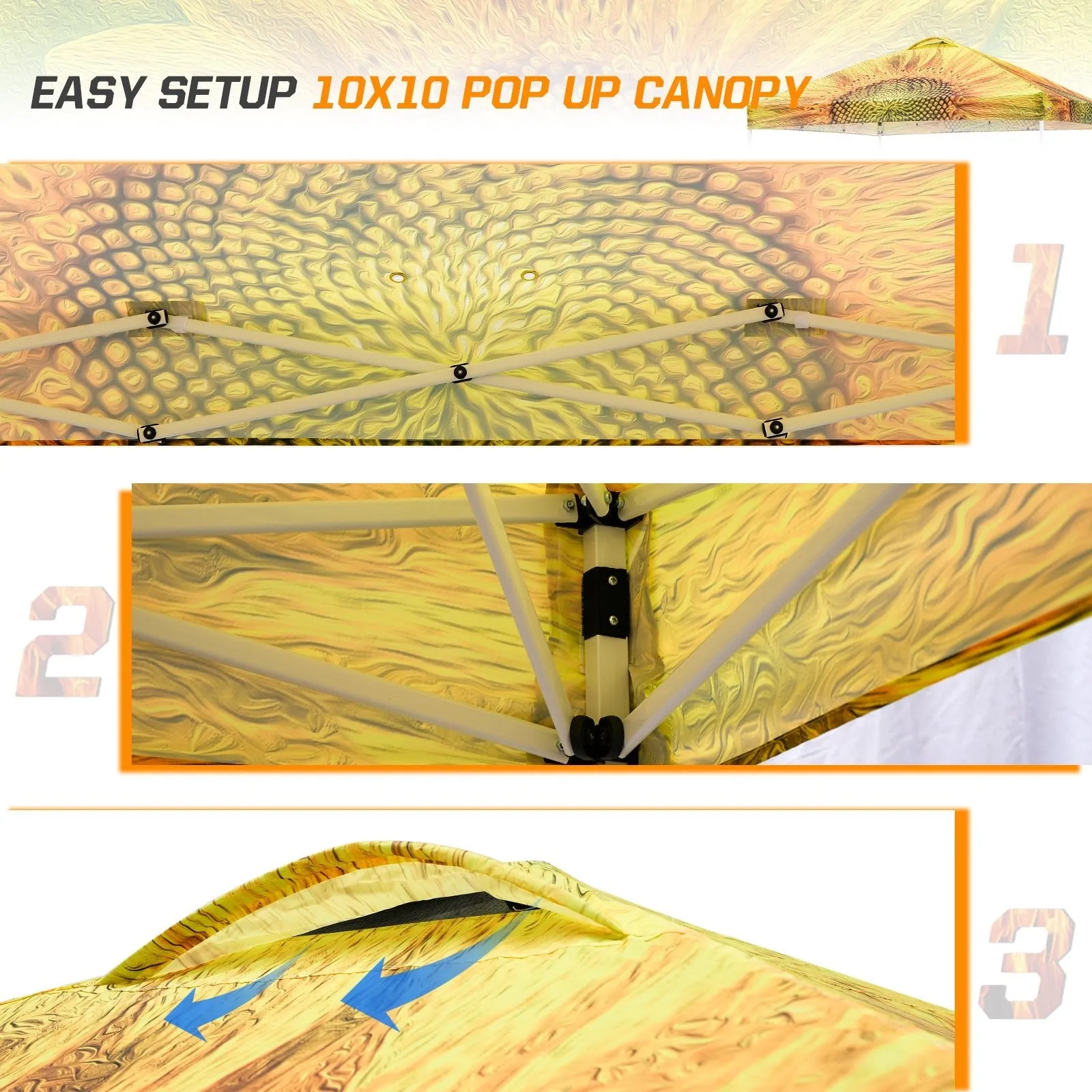 Eagle Peak SHADE GRAPHiX Easy Setup 10x10 Pop Up Canopy Tent with Digital Printed Sun Flower Top