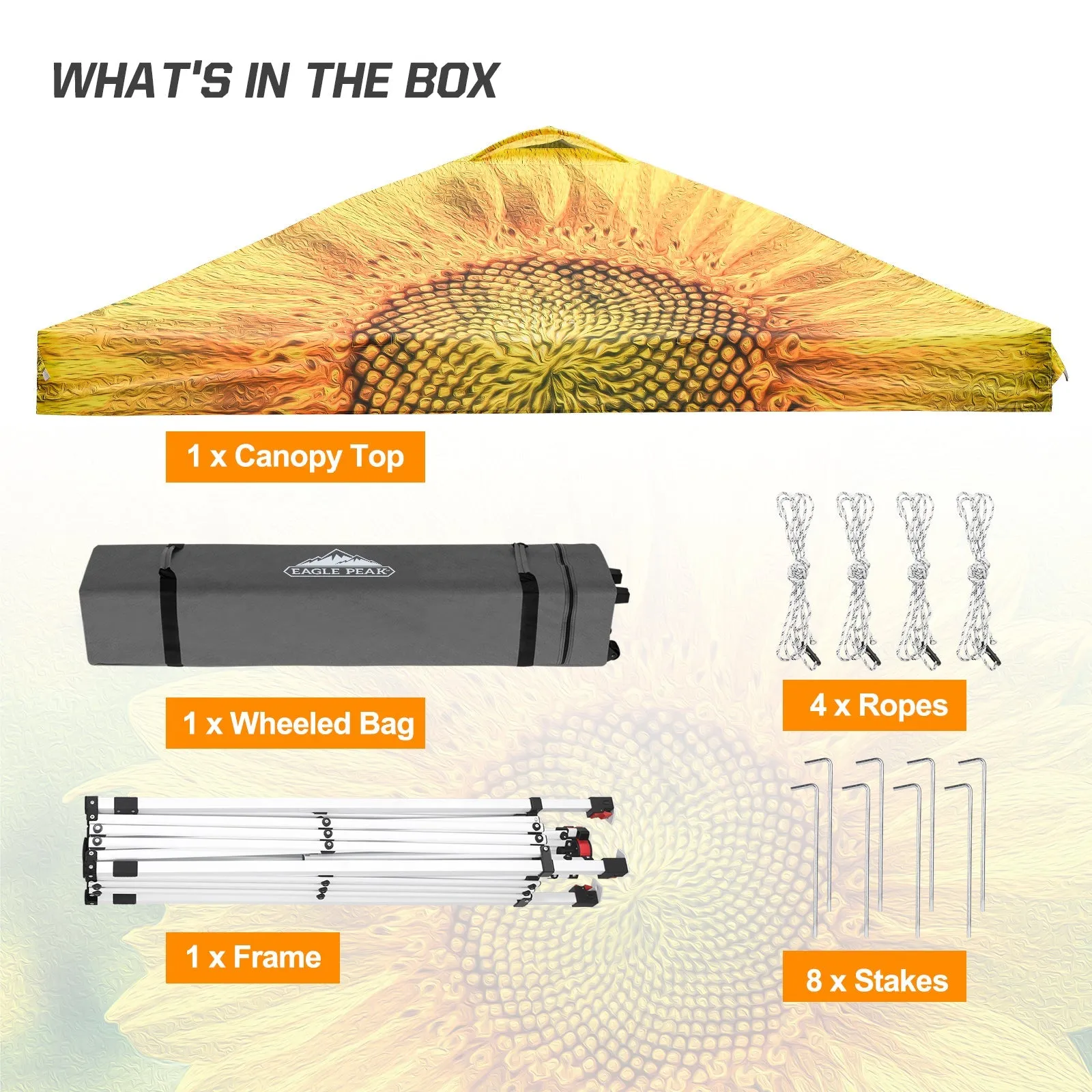 Eagle Peak SHADE GRAPHiX Easy Setup 10x10 Pop Up Canopy Tent with Digital Printed Sun Flower Top