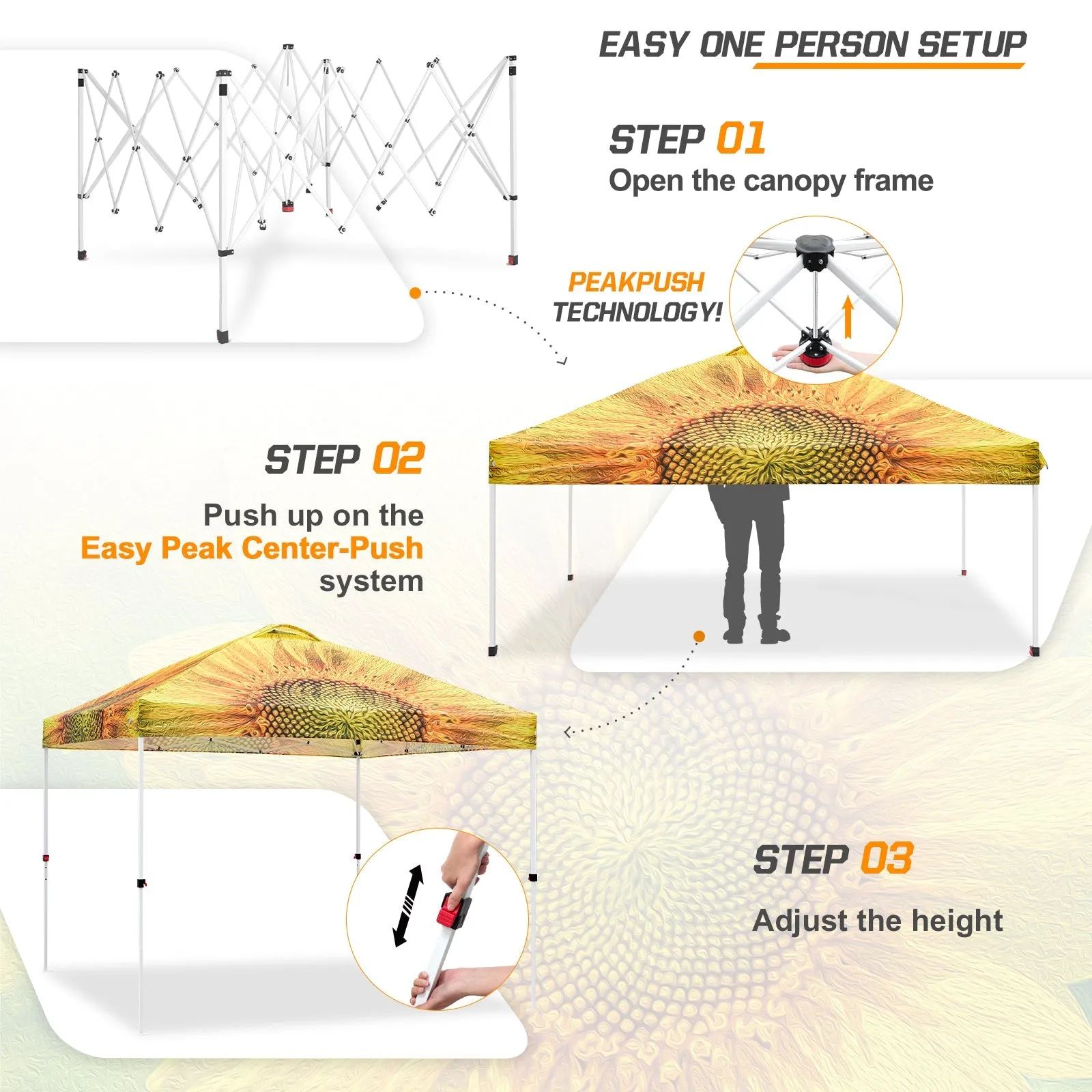 Eagle Peak SHADE GRAPHiX Easy Setup 10x10 Pop Up Canopy Tent with Digital Printed Sun Flower Top