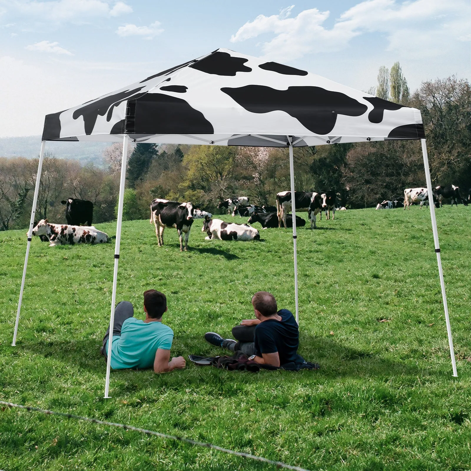 Eagle Peak SHADE GRAPHiX Slant Leg 10x10 Easy Setup Pop Up Canopy Tent with Digital Printed Cow Print Top