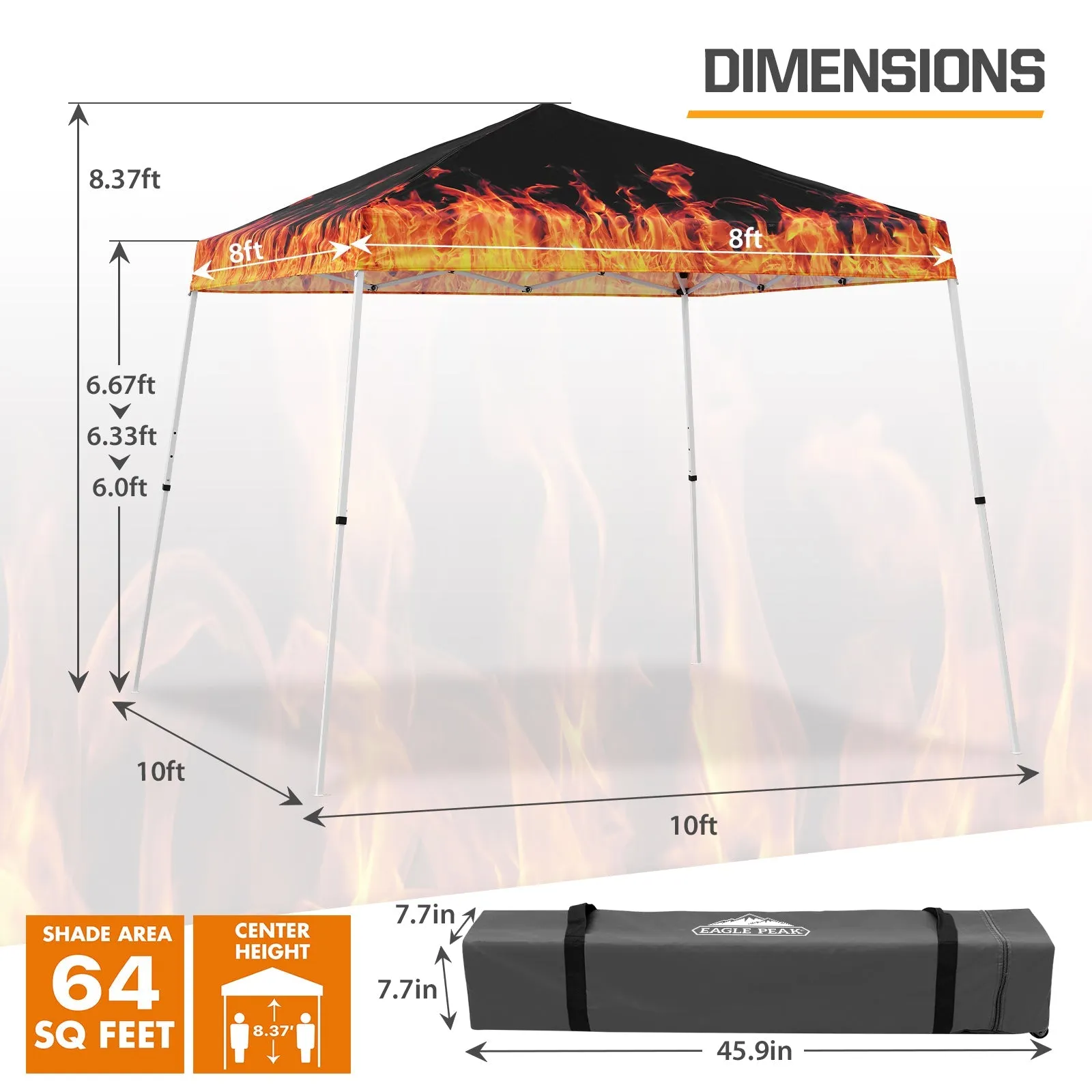 Eagle Peak SHADE GRAPHiX Slant Leg 10x10 Easy Setup Pop Up Canopy Tent with Digital Printed Flame Top