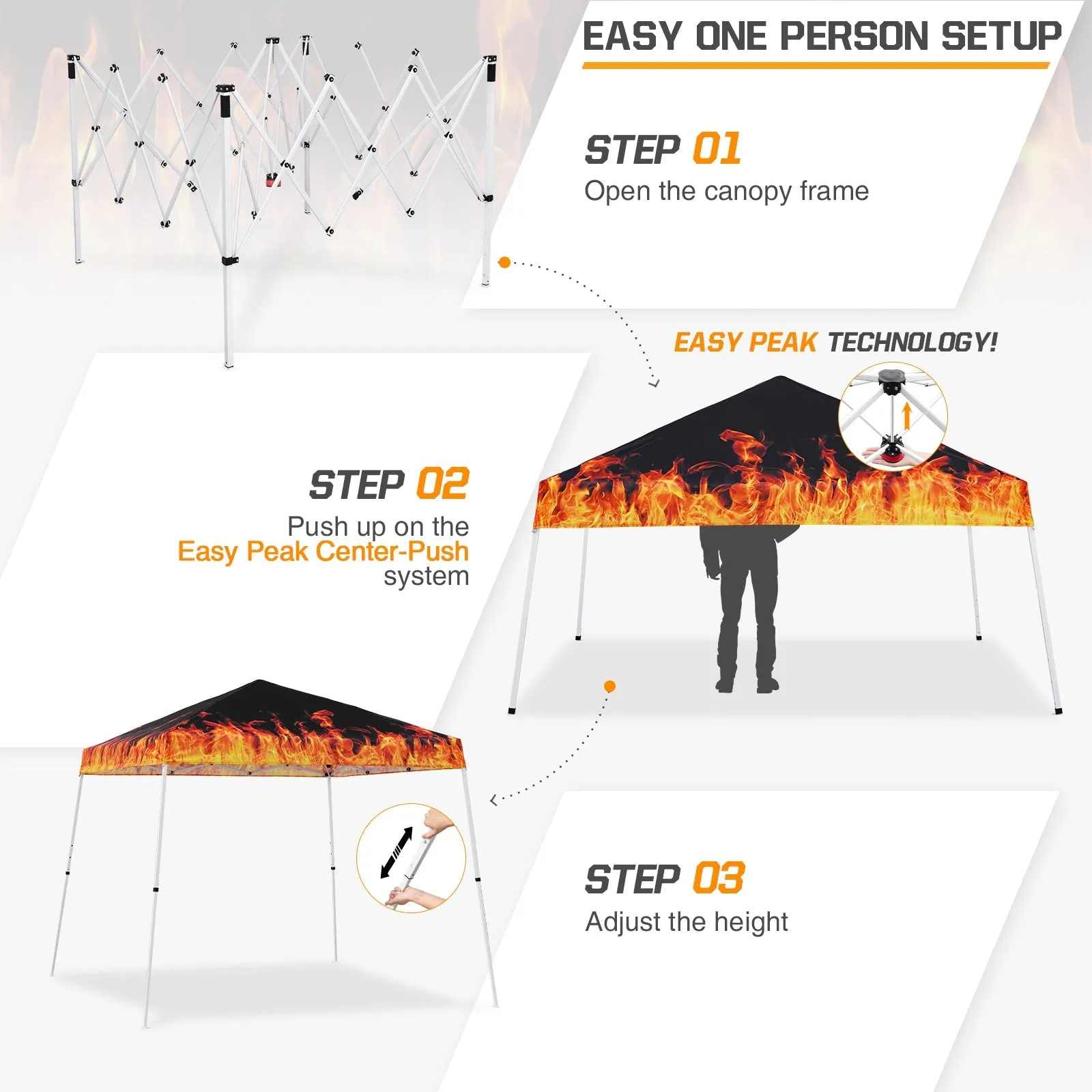 Eagle Peak SHADE GRAPHiX Slant Leg 10x10 Easy Setup Pop Up Canopy Tent with Digital Printed Flame Top