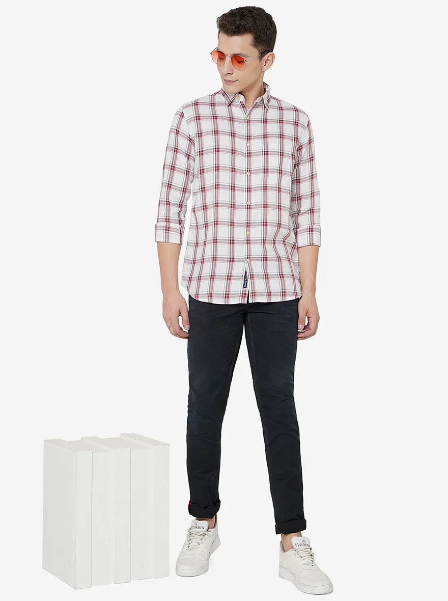 Grey & Red Checked Slim Fit Semi Casual Shirt | JadeBlue