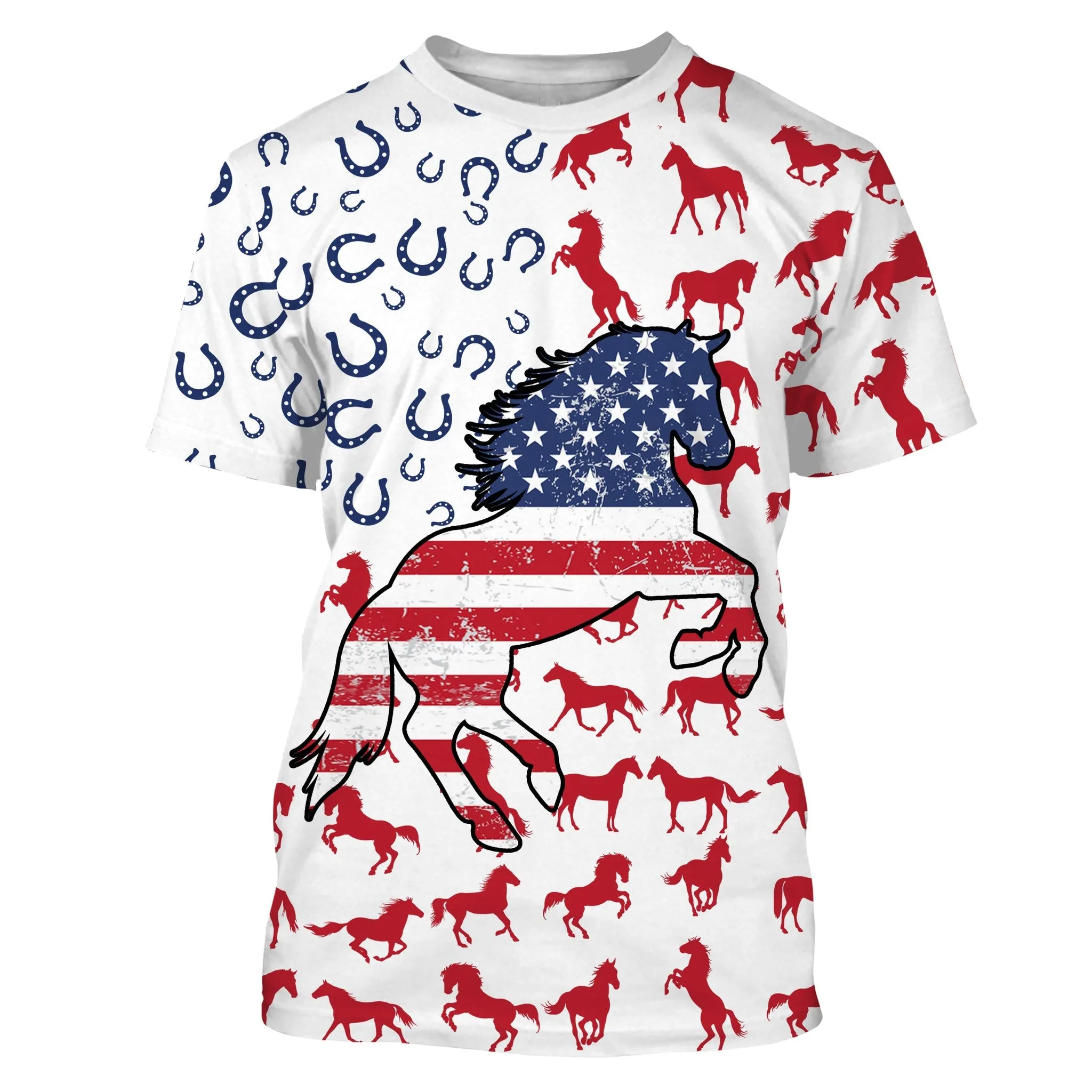 Horse Pattern American Flag Patriotic 3D All Over Printed Horse Long Sleeve Shirts, Animal Shirts, Gift For Horse Lovers