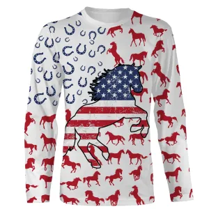 Horse Pattern American Flag Patriotic 3D All Over Printed Horse Long Sleeve Shirts, Animal Shirts, Gift For Horse Lovers