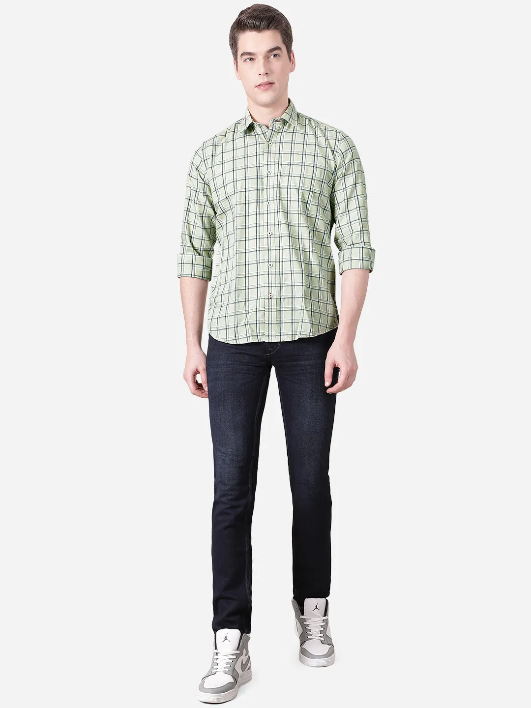 Lily Green Checked Slim Fit Casual Shirt | Greenfibre