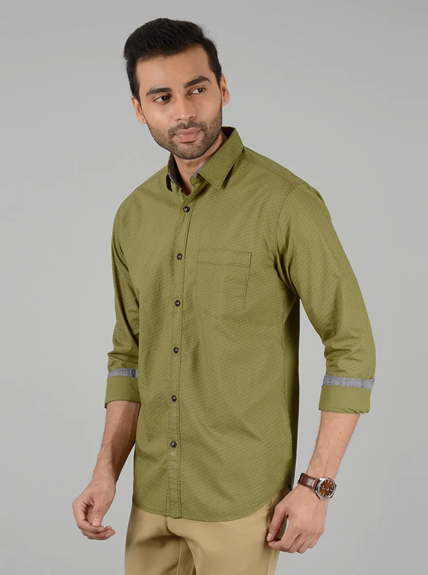 Olive Printed Slim Fit Casual Shirt | Greenfibre