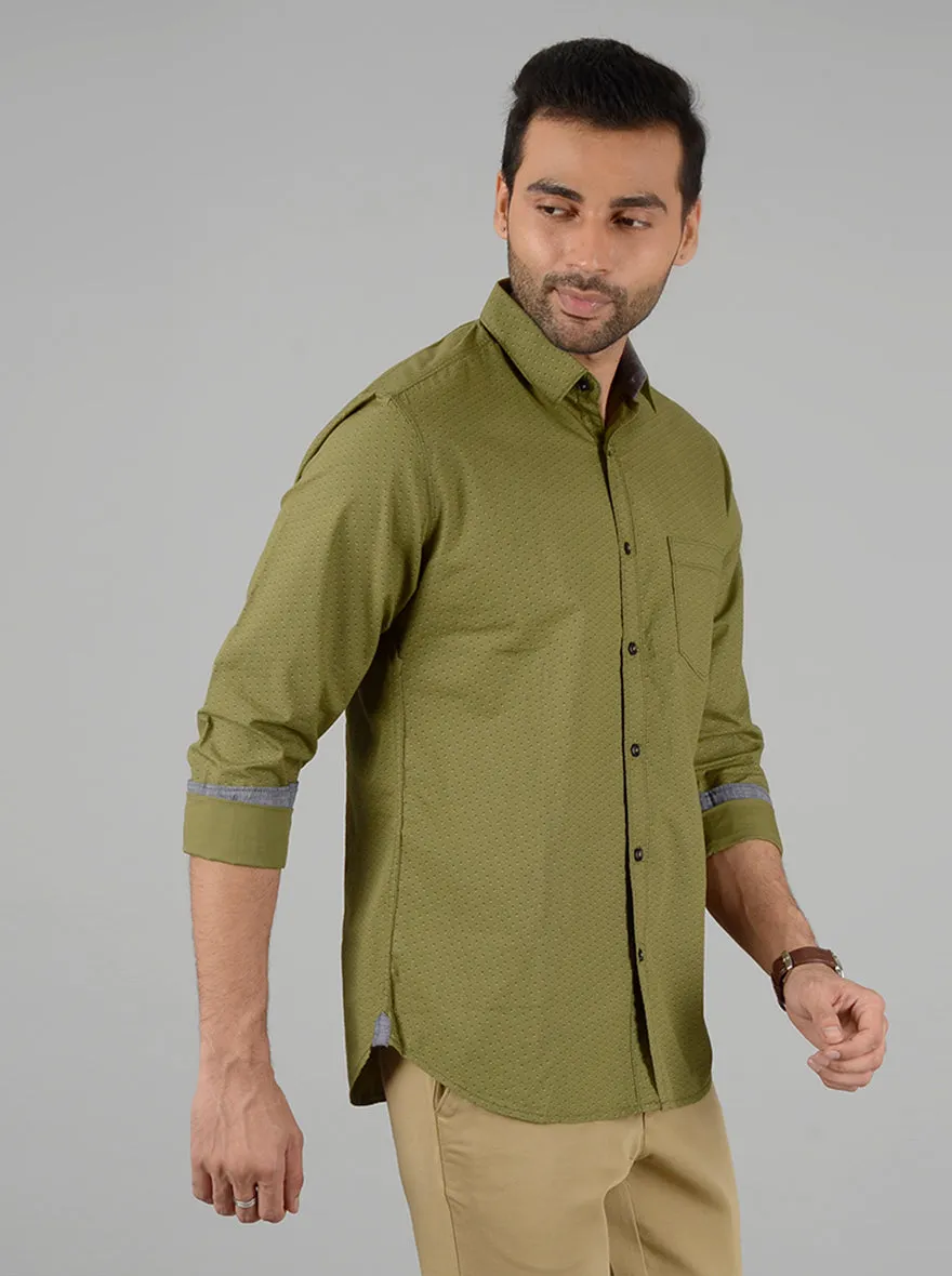 Olive Printed Slim Fit Casual Shirt | Greenfibre