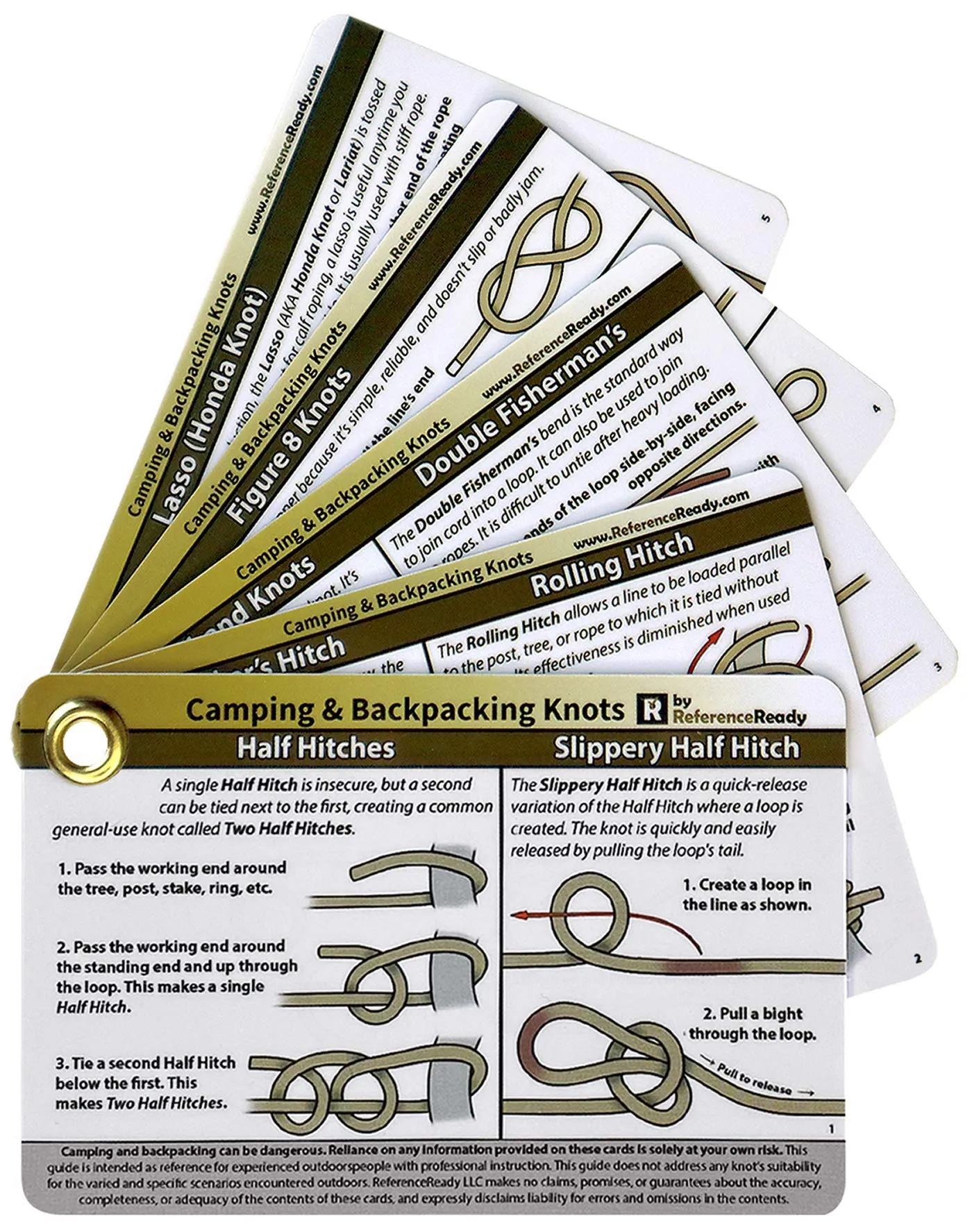 ReferenceReady Outdoor Knots - Waterproof Knot Tying Cards with Mini Carabiner - Includes 22 Rope Knots for Camping, Backpacking, & Scouting Scenarios