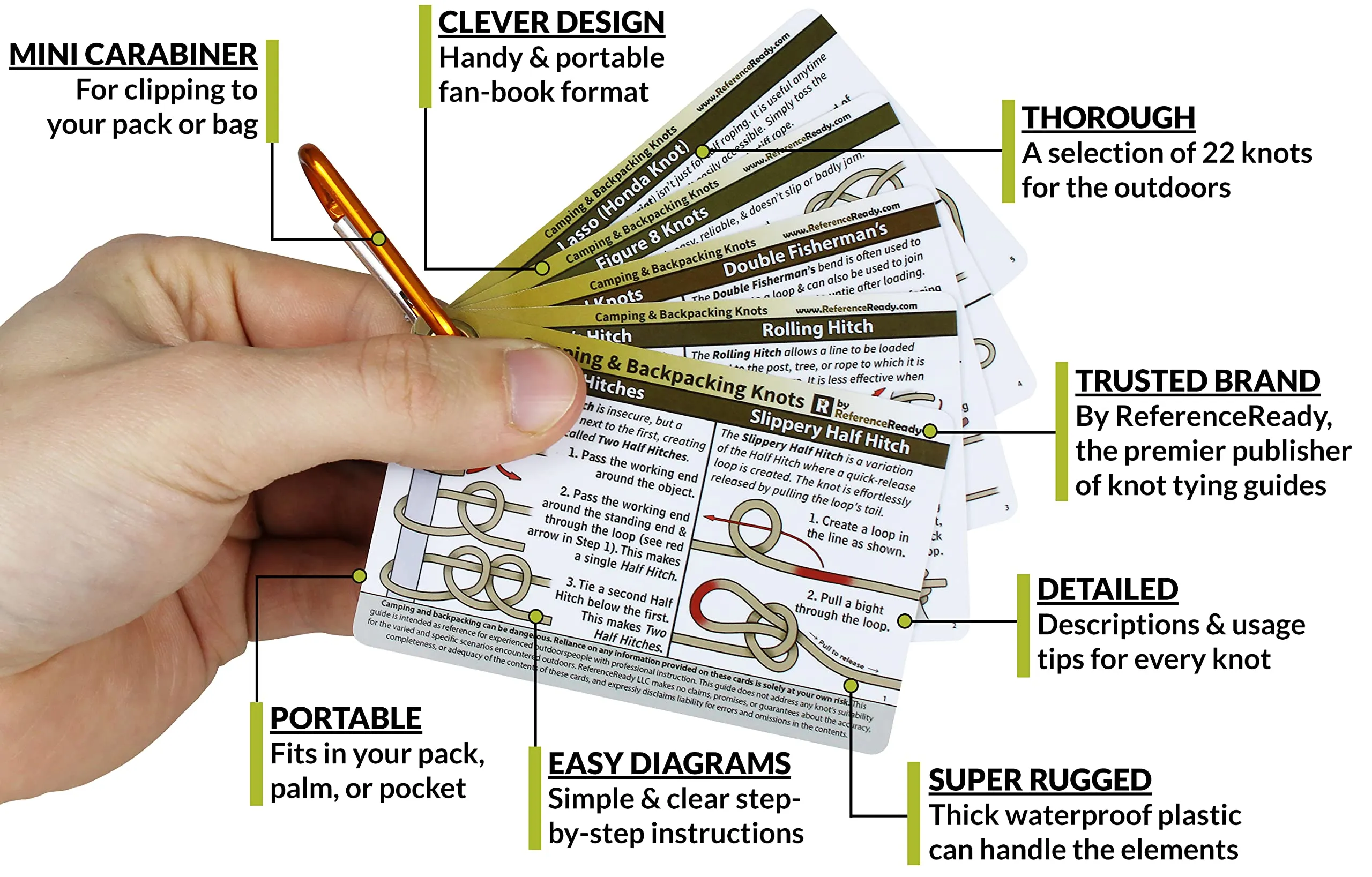 ReferenceReady Outdoor Knots - Waterproof Knot Tying Cards with Mini Carabiner - Includes 22 Rope Knots for Camping, Backpacking, & Scouting Scenarios