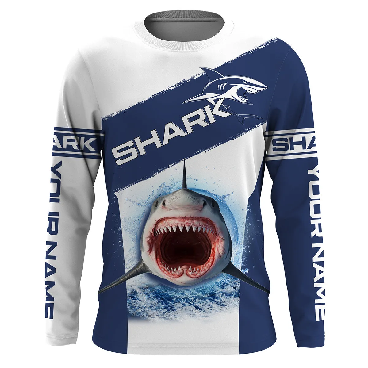 Shark Fishing Blue Custom 3D Long Sleeve Performance Fishing Jerseys Shirts, Deep-Sea Fishing For Shark