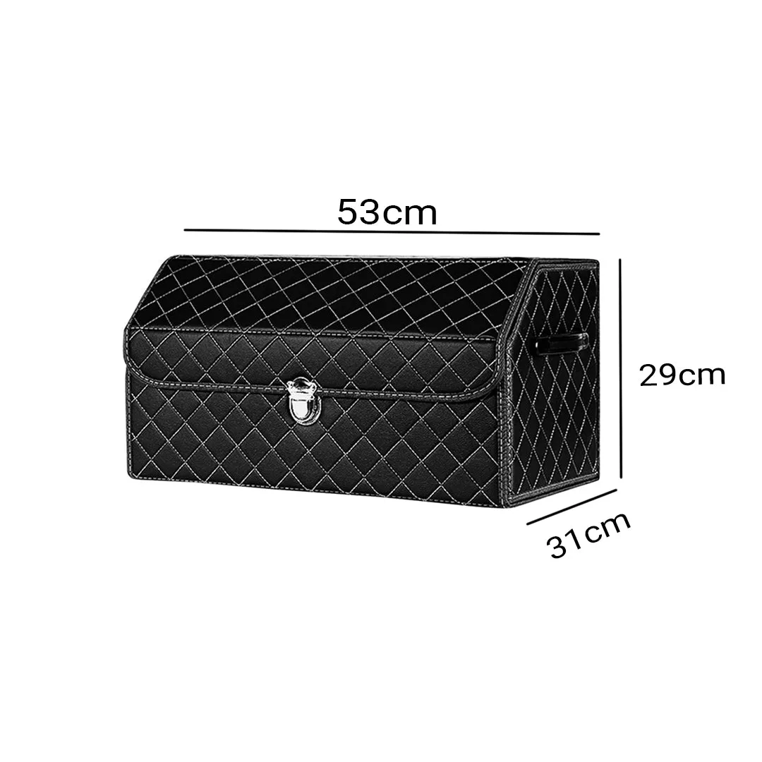 SOGA Leather Car Boot Collapsible Foldable Trunk Cargo Organizer Portable Storage Box Black/White Stitch with Lock Medium