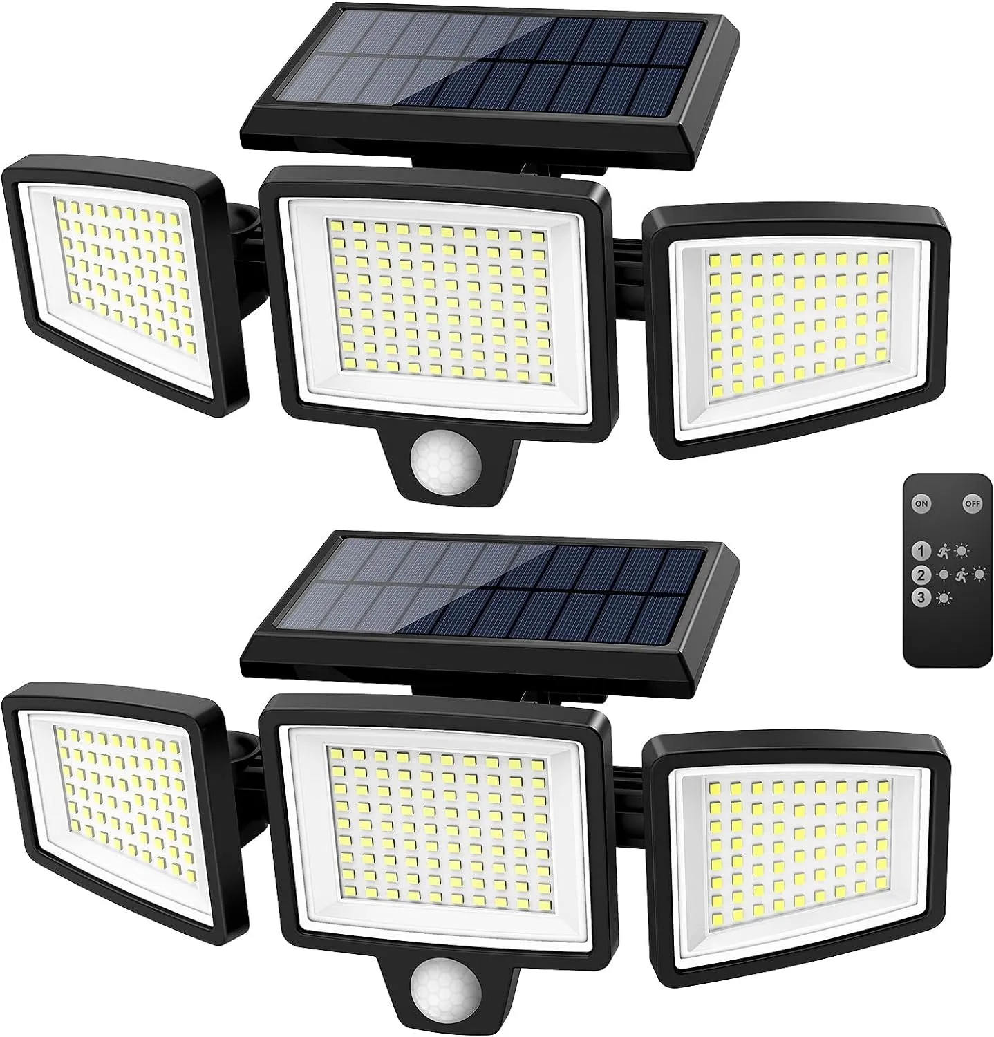 Solar Outdoor Lights 2500LM 210 LED Security Lights with Remote Control,3 Heads Motion Sensor Lights, IP65 Waterproof,270° Wide Angle Flood Wall Lights with 3 Modes(2 Packs)