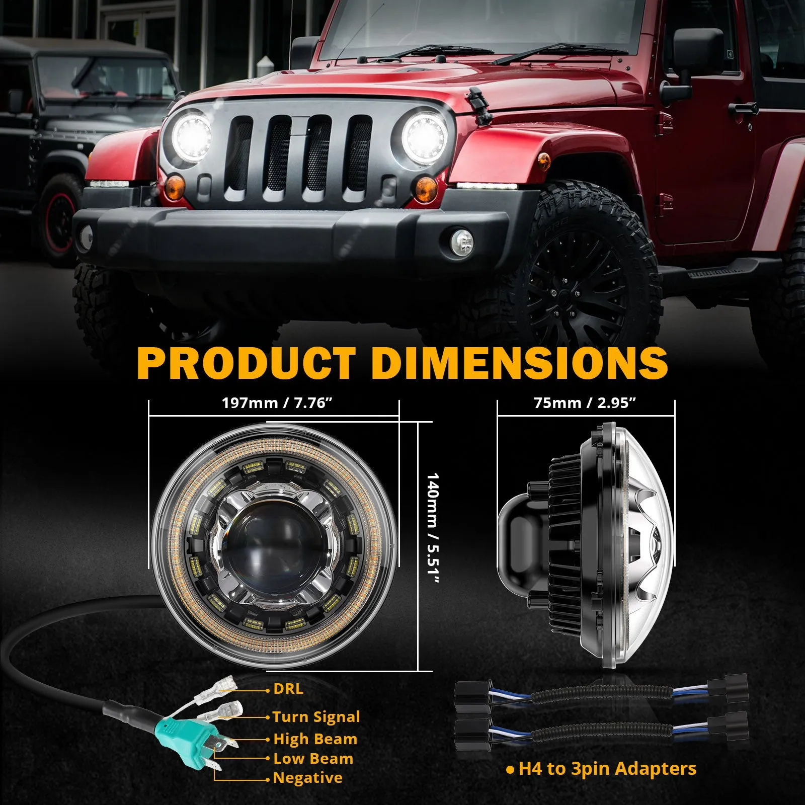 Starlight Flow Series 7 Inch 135W DOT Approved LED Headlights with DRL&Turn Signal High Low Beam for Jeep Wrangler JK TJ LJ CJ Land Rover Defender 90 1997