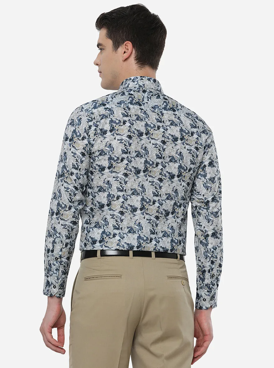 Teal Grey Printed Slim Fit Party Wear Shirt | Greenfibre