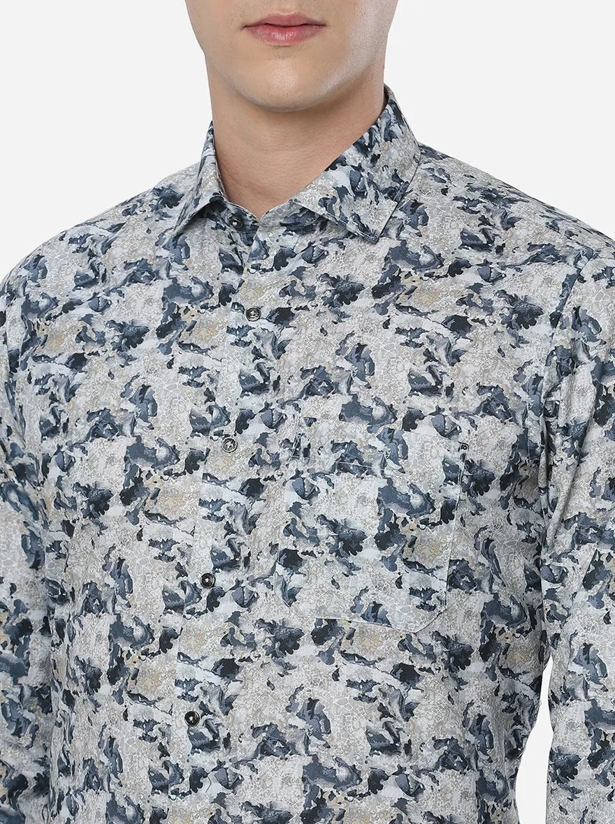 Teal Grey Printed Slim Fit Party Wear Shirt | Greenfibre