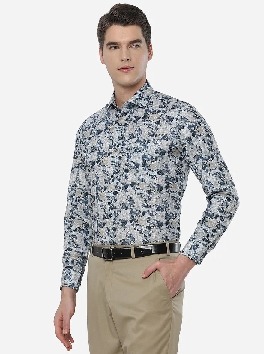 Teal Grey Printed Slim Fit Party Wear Shirt | Greenfibre