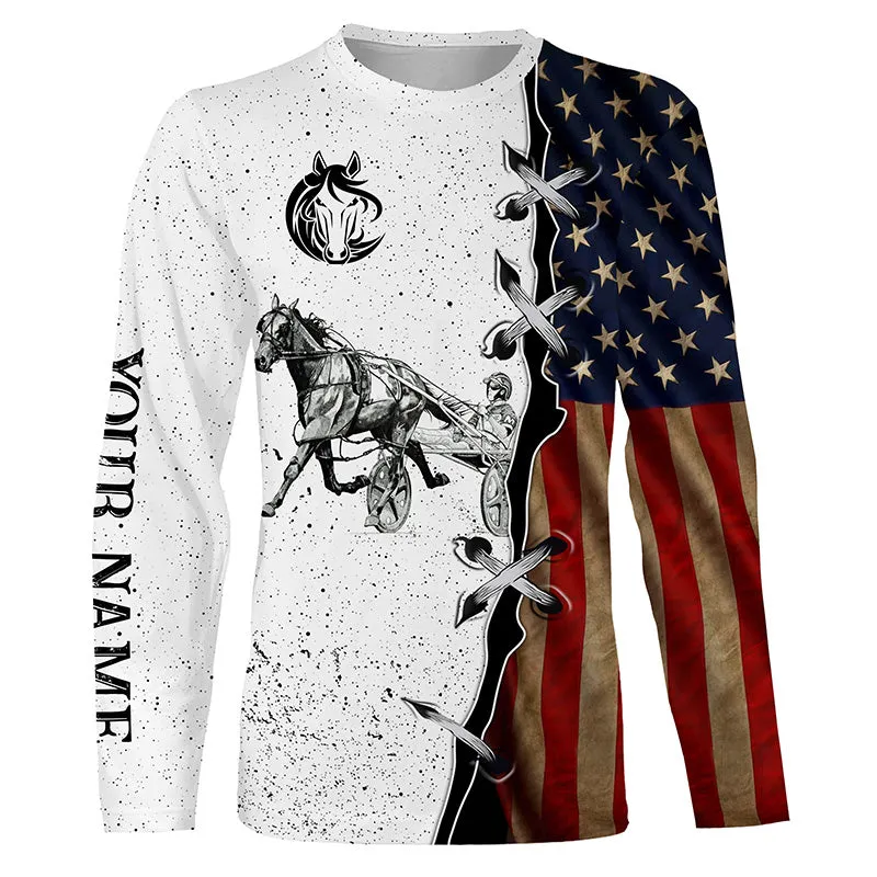 Vintage American Flag Custom Harness Racing 3D Long Sleeve Shirts, Horse Riding All Over Print Shirts