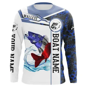 Walleye Fishing Blue Camo American Flag Custom Name & Boat Name Performance Long Sleeve Fishing Shirts